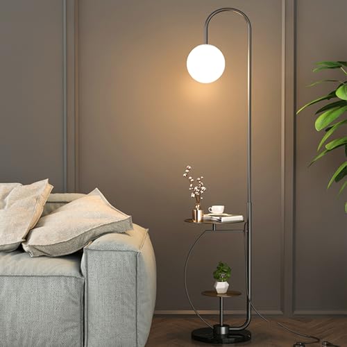 64" Standing Lamp for Bedroom, Industrial Metal Arc Floor Lamp with Tray Table & Marble Base Foot, 3 Color Temperature Adjustable Standing Lamp(Black)
