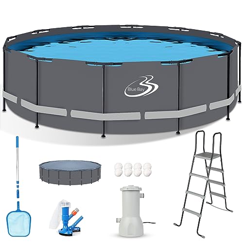 BlueBay Above Ground Swimming Pool Set 15ft x 48in with 1000 GPH Filter Pump, Cover, Ladder, Maintenance Kit Gray Frame