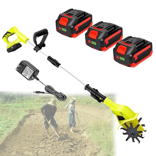 Electric Garden Tiller, Cultivator Rototiller with 2/4 Blades, 10.5/25cm Working Width, 25/22cm Depth, 3×4000 mAh Battery for Gardens, Vegetable Patches (A)