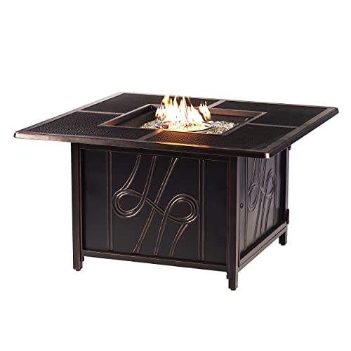 Oakland Living Aluminum 57,0000 BTU 42 in. Square Propane Black Fire Pit Table with Fire Beads, Lid, Propane Tank Cover and Table Fabric Covers in Copper Finish,AZREGIS-FPT-AC