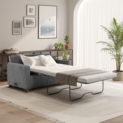 Serta® Darnold 53.5" Pull-Out Sleeper Loveseat, Twin Size, Dreamcoil® Comfort, Memory Foam Pull-Out Mattress, USB-C and USB-A Power Ports, Soft Corduroy Fabric, Grey