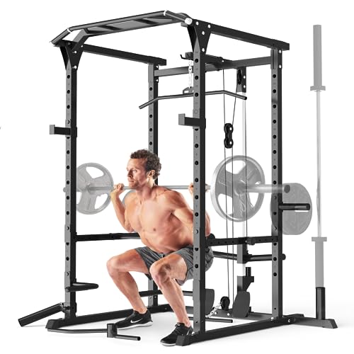 Mappding Power Cage Black Multi-Functional Power Rack with J-Hooks, Dip Handles, Landmine Attachment and Cable Pulley System Q2 Black