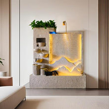 Modern Cement Water Fountain with LED Lights – 8.2ft Indoor Outdoor Garden Wall Feature, Durable Concrete Look (Left)(Left)