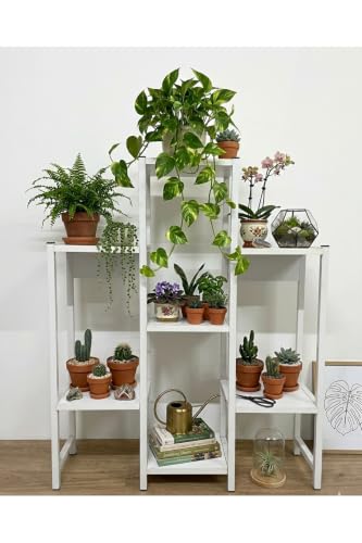 SODEF Multi-Tiered Plant Stand - Modern White Metal Frame with White Wood Shelves - Decorative Indoor Flower Shelf for Balcony, Living Room, Office - 7-Tier Vertical Display Unit - White