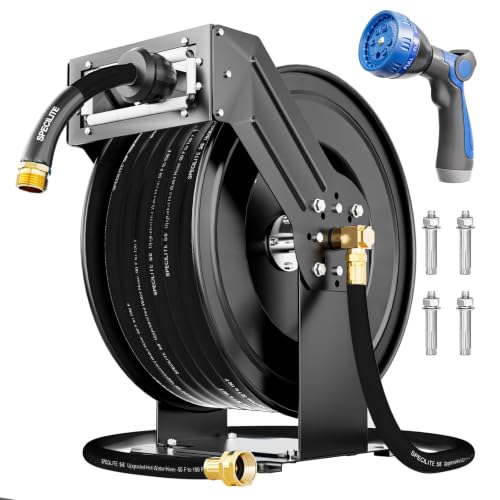 SPECILITE Retractable Garden Hose Reel with 5/8" 100ft Hot/Cold Pipe, Black