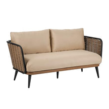 Christopher Knight Home Tobin Patio Loveseat, Outdoor 2-Seater Lounge Sofa, Woven Wicker Faux Rattan Accents, Iron Frame, Removable Water-Resistant Cushions, Porch/Backyard/Balcony, Beige+Black+Brown