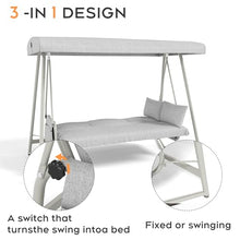 KEIKI 3-Seat Patio Swing with Canopy, Convertible Outdoor Porch Swing Chair with Thick Cushions, 3-in-1 Heavy-Duty Steel Frame Swing Bench for Patio Garden Backyard, Champagne White