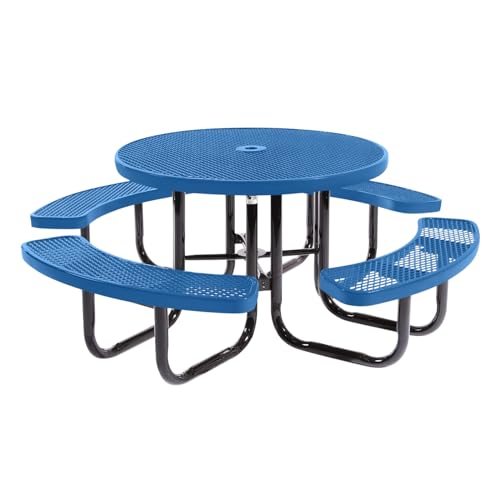Coated Outdoor Furniture Heavy-Duty Portable Outdoor Picnic Table with Umbrella Hole, Expanded Metal Commercial-Grade Patio Dining Furniture Made in America (46" Round Top, Textured Light Blue)