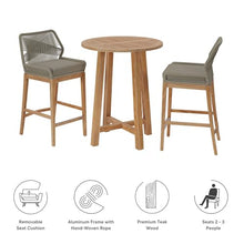 Modway Wellspring 3-Piece Teak Wood Outdoor Bar Set in Light Gray Greige – Bar Height Patio Dining Set with 2 Woven Rope Bar Stools and 1 Wood Pub Table