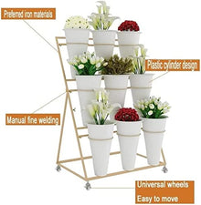 HYUIO 3 Tier Flower Display Stand with 12 Buckets Mobile Plant Stand on Wheels for Garden Balcony and Florist with Large Capacity