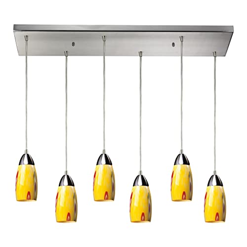 Elk Home Milan 6 Pendant Light Yellow Blaze Glass Shade Satin Nickel Finish Silver