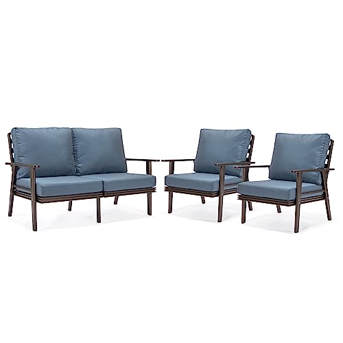 LeisureMod Walbrooke Modern 3-Piece Outdoor Set with Brown Aluminum Frame and Cushions Navy Blue