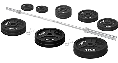 Signature Fitness Cast Iron Olympic Weight Plates & Barbell Set 325LB with Barbell