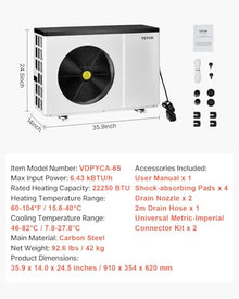 VEVOR Pool Heat Pump, 22250 BTU Electric Heater for Above Ground and In Ground Pools up to 3,171-6,605 Gallons, Energy Efficient Heating and Cooling, Low Noise, 120V/60Hz