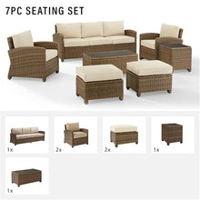 Afuera Living 7-Piece Outdoor Sofa Set, Resin Wicker and Fabric, Sand/Brown Finish, Steel Frame, Includes Sofa, Coffee Table, Side Table, 2 Armchairs, 2 Ottomans, Weatherproof Patio Furniture for 7