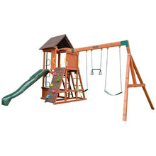 KidKraft Raptor Trail Wooden Swing Set with Twisty Ladder, Wavy Slide, Rock Wall Brown