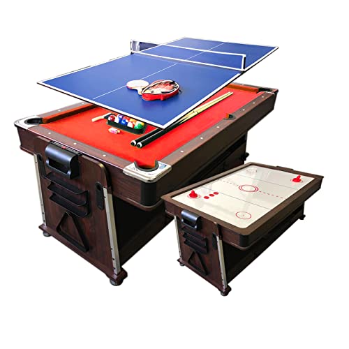 SIMBASHOPPING USA 7FT Multigame Pool Table Red/Brown - Air Hockey & Table Tennis
