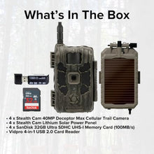 Stealth Cam 40MP Deceptor Max Cellular Trail Camera Bundle with Solar Panel, Card Reader, and 32GB Memory Card (11 Items)