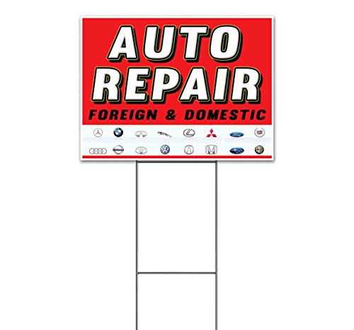 TampaPrinting Auto Repair Foreign Dom Yard Sign 18" x 24" with Metal Step Stake