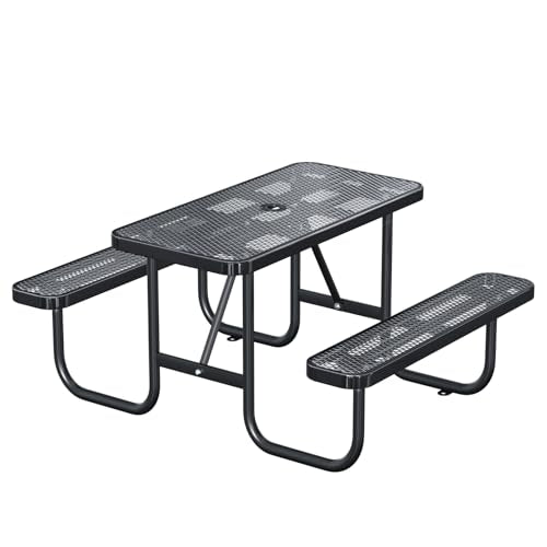esheno 4FT Rectangular Outdoor Picnic Table with Attached Benches, Heavy-Duty Expanded Metal Mesh Patio Table, Commercial-Grade Outdoor Seating for Park, Backyard, Deck, Lawn, Black