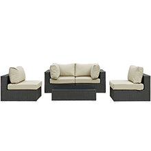 Modway Sojourn Wicker Rattan 5 Piece Outdoor Patio Sunbrella Sectional Set in Canvas Antique Beige