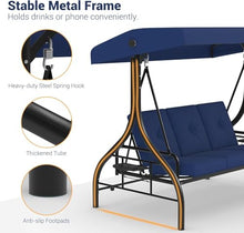 FinerFurnis Adjustable Canopy & Convertible Bed – 3-Seat Outdoor Patio Swing Chair – Thick Cushions, Built-in Cup Holders & Tray, Weather-Resistant Steel Frame, Sturdy for Backyard or Porch – Navy