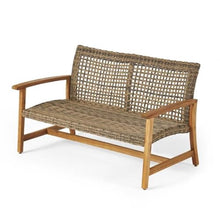 Noble House Breakwater 5-Piece Outdoor Wood and Wicker Loveseat Set Grey