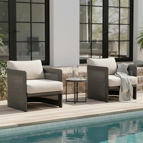 Merax Outdoor Aluminum Club Chair with Cushions Set of 2, Black+ Beige