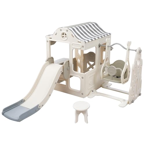 KZPFER 6-in-1 Toddler Slide and Swing Set Off-White/Grey