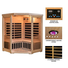Heat Wave 3 Person Sauna Corner Fitting Infrared FIR FAR 7 Carbon Heaters Hemlock Wood MP3 Player 2 Speakers Color Therapy Light LED Control Panel Wood