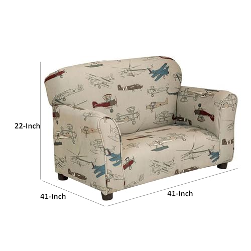 Benzara 32-Inch Kids Sofa Vintage Airplane Print Beige/Black/Multicolor
