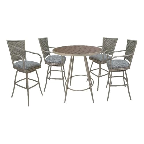 Pemberly Row Outdoor/Indoor Pub Set, 30" Bar Height Stools with Arms, Taupe Fabric, Beige UV Powder-Coated Frame, 36" Round Table, 42" Table Height, Durable Seating for Patio or Home Bar Use