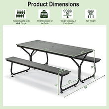 Tangkula 6 Ft HDPE Picnic Table, Plastic Picnic Table with 2 Benches, Umbrella Hole, Heavy-Duty Metal Frame, 8 Adjustable Foot Pads, 6-8 Person Outside Table Bench Set, 2550 lbs Capacity