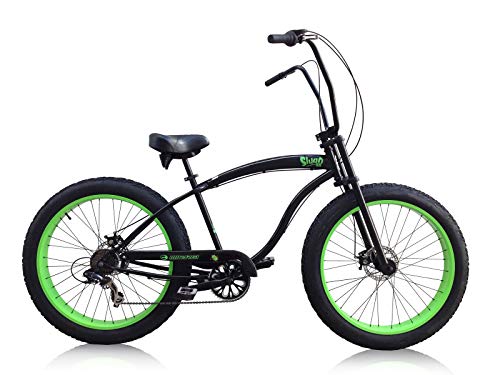 MICARGI 26” Beach Cruiser Bicycles Fat Tire Bikes 18.5-Inch Medium High-Tensile Steel Frame, Variable 7 Speed Green BK/NGRN