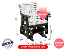Amish Craftsmanship Made in USA 2FT Heavy Duty Poly Lumber Wood Porch Patio Glider HDPE with No wood fibers Lancaster Series Rollback design 500 lbs Limit With Cupholders White on Black