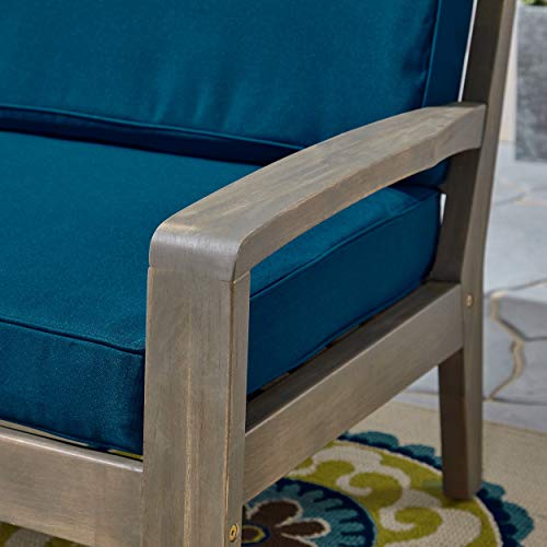 Great Deal Furniture Acacia Wood Loveseat and Coffee Table Set for Patio Gray Finish with Teal Cushions