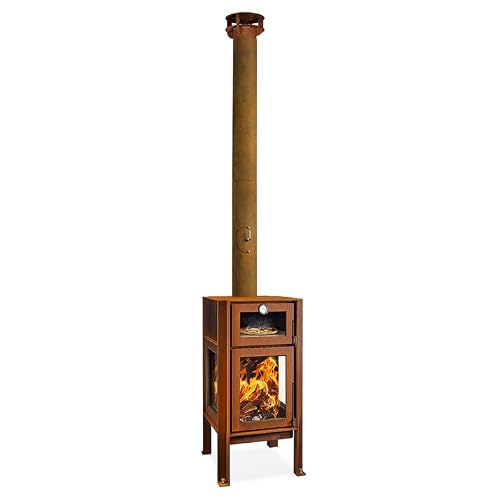 RB73 Quercus Wood Burning Outdoor Fireplace with Oven, 3-Sided Glass, 19”x19x119”, 6mm CorTen Steel, Heat-Resistant Glass, Industrial Design