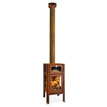 RB73 Quercus Wood Burning Outdoor Fireplace with Oven, 3-Sided Glass, 19”x19x119”, 6mm CorTen Steel, Heat-Resistant Glass, Industrial Design