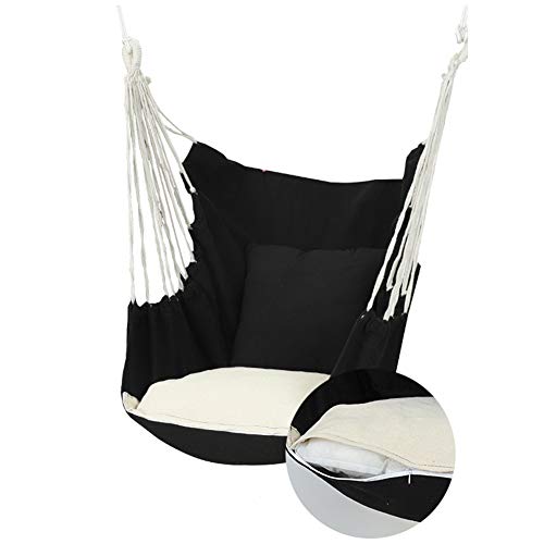 Hanging Hammock Chair Seat 2 Cushions Cotton Indoor Outdoor Portable Rope Relax Tassel Swing with Frame Stand for Living Room Bedroom Terrace Balcony Garden Pink (Black)