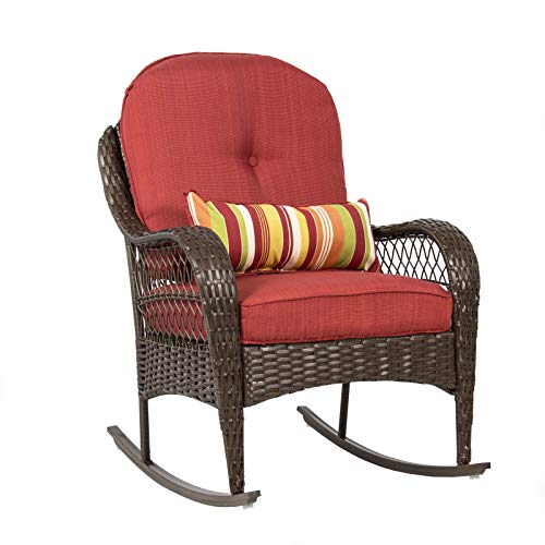 Outdoor Wicker Rocking Chair with Soft Cushions Wide Armrest Tall Backrest Lean Back Relaxing Lounging Comfort Weight Capacity of 250 LBS Great for Any Backyard Patio Porch Lawn Or Garden Use
