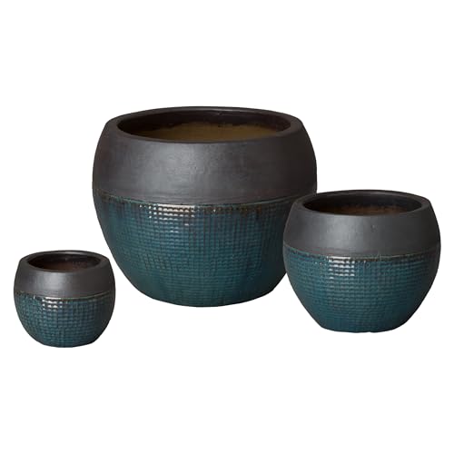 Emissary Matte Black/Teal Stoneware Round Planters Set of 3