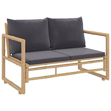 XHNIFBN 2 Piece Bamboo Patio Lounge Set with Dark Gray Cushions, Rustic Outdoor Furniture Set Includes 45.3 Inch Garden Bench and Coffee Table for Backyard, Porch, and Balcony Seating