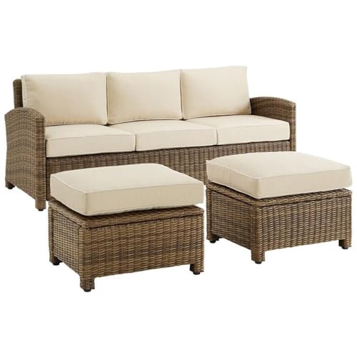 Afuera Living Modern 3-Piece Outdoor Sofa Set, Steel Frame with Handwoven All-Weather Wicker, Sand/Brown Finish, Moisture-Proof Cushions, Removable Covers, Patio Furniture for Backyard or Garden