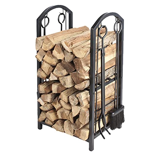 Outdoor 29'Log Rack for Firewood Heavy Duty 5 Piece Fireplace Tools Set with Stand/Brush/Poker/Shovel/Tong Cast Iron with Black Finish