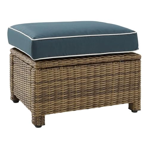 Afuera Living Outdoor Ottoman, Navy & Weathered Brown Resin Wicker, 18.5"H x 25"W x 20"D, Powder-Coated Steel Frame, UV-Resistant Polyester Cushion, Handwoven Patio Furniture for Balcony or Porch Use