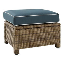 Afuera Living Outdoor Ottoman, Navy & Weathered Brown Resin Wicker, 18.5"H x 25"W x 20"D, Powder-Coated Steel Frame, UV-Resistant Polyester Cushion, Handwoven Patio Furniture for Balcony or Porch Use