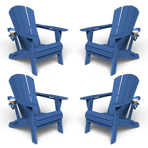 Kingdura Foldable Adirondack Chairs Set of 4, Portable HDPE All Weather Resistant Outdoor Patio Chair, Wooden Textured with Cup Holder, 380LBS Capacity for Poolside, Backyard, Fire Pit (Navy Blue)