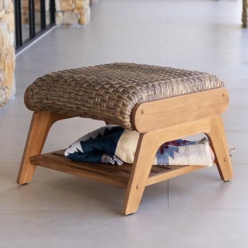 Cambridge Casual Camden Teak Outdoor Ottoman with Free Patio Cover, Brown All-Weather Wicker Patio Ottoman with Quick-Dry Foam Cushion, Built-in Lower Storage, 250 Lbs Capacity