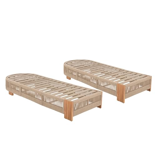 Seeheool Outdoor Acacia Wood Patio Adjustable Lounge Chair Set of 2 - Uncushioned for Backyard Pool Garden - Beige Rope & Natural Iron