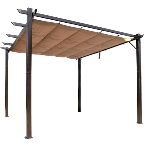 10 ft x 10 ft Aluminum Retractable Pergola with Shade Canopy for Patio, Backyard, Garden, Outdoor Living Spaces - Brown